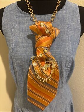 Gold-Tone Orange Striped Necktie Pendant Necklace